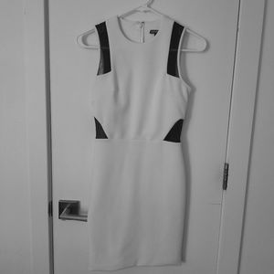 White Body Con Dress with Black Mesh Accents